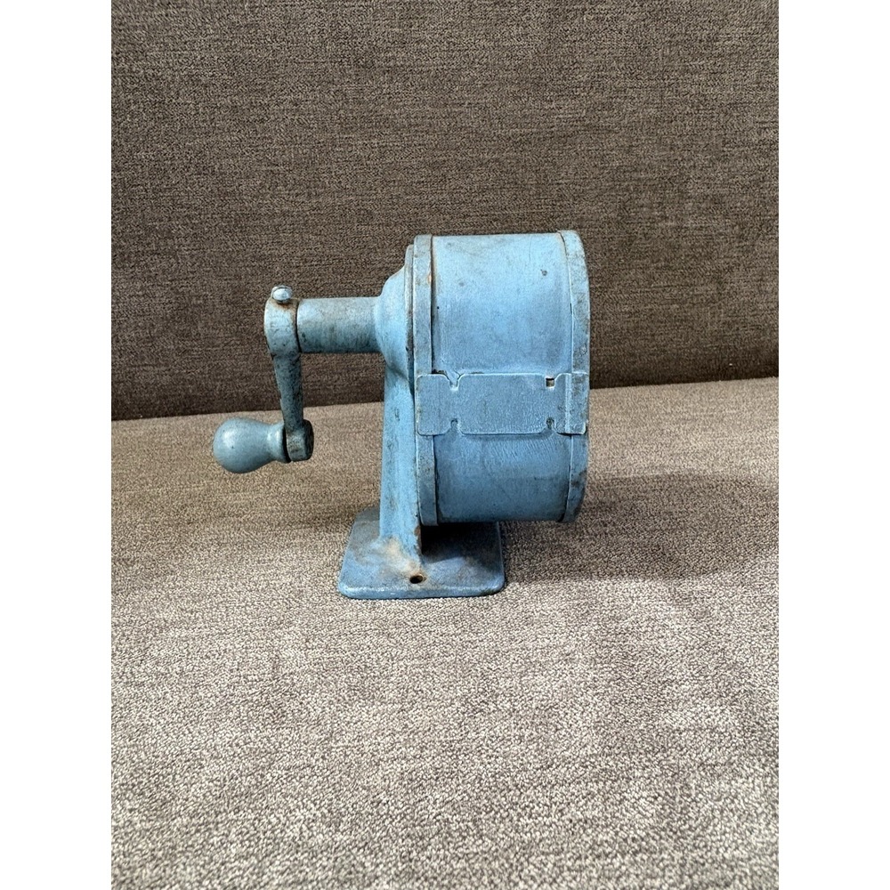 VINTAGE Unnamed Pencil Sharpener Wooden Handle Blue Heavy Metal Base